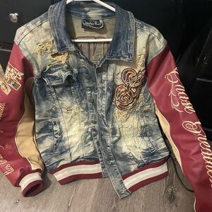 Indigo Red Denim Jacket with Red and Tan Sleeves